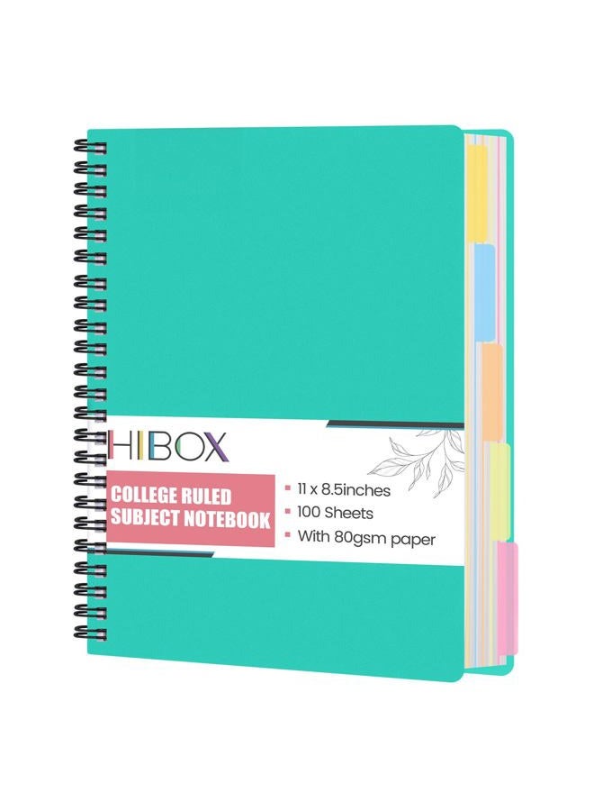HIBOX Spiral Notebook with Tabs, 8.5x11inch Hardcover College Ruled Journals with Deviders 5 Subject Project Notebook Perforated Edges for School Office, Green - Image 1