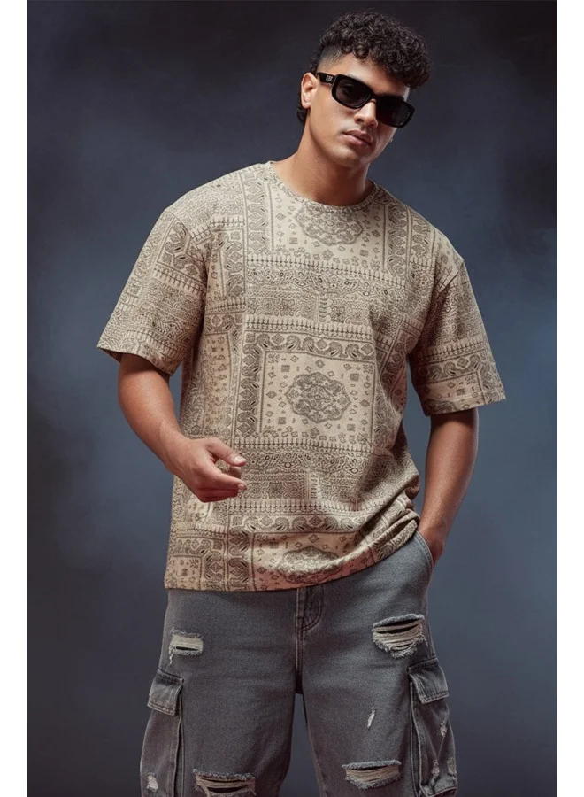 فيردو Veirdo® Pure Cotton Oversized Loose Baggy Fit Drop Shoulder Round Neck Paisley Half Sleeves T-Shirt for Men (OS_100_785_BG_S) Beige