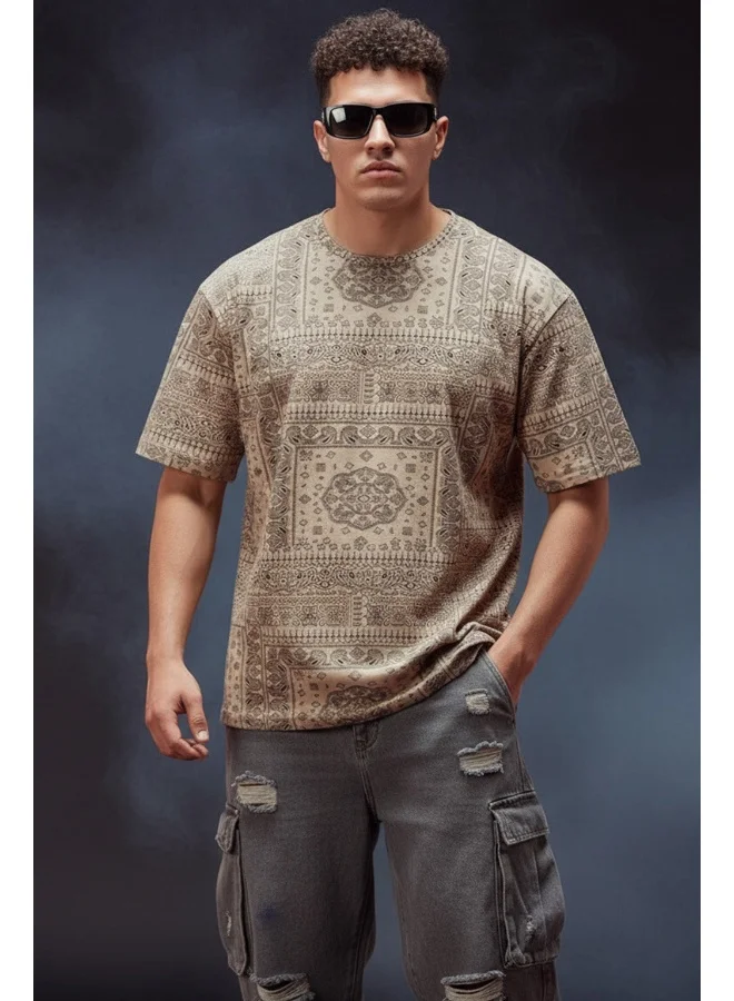 فيردو Veirdo® Pure Cotton Oversized Loose Baggy Fit Drop Shoulder Round Neck Paisley Half Sleeves T-Shirt for Men (OS_100_785_BG_S) Beige