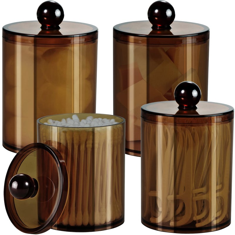 SheeChung 4 Pack Plastic Acrylic Bathroom Vanity Countertop Canister Jars with Storage Lid, Apothecary Jars Qtip Holder Makeup Organizer for Cotton Balls,Swabs,Pads,Bath Salts Amber - Image 1