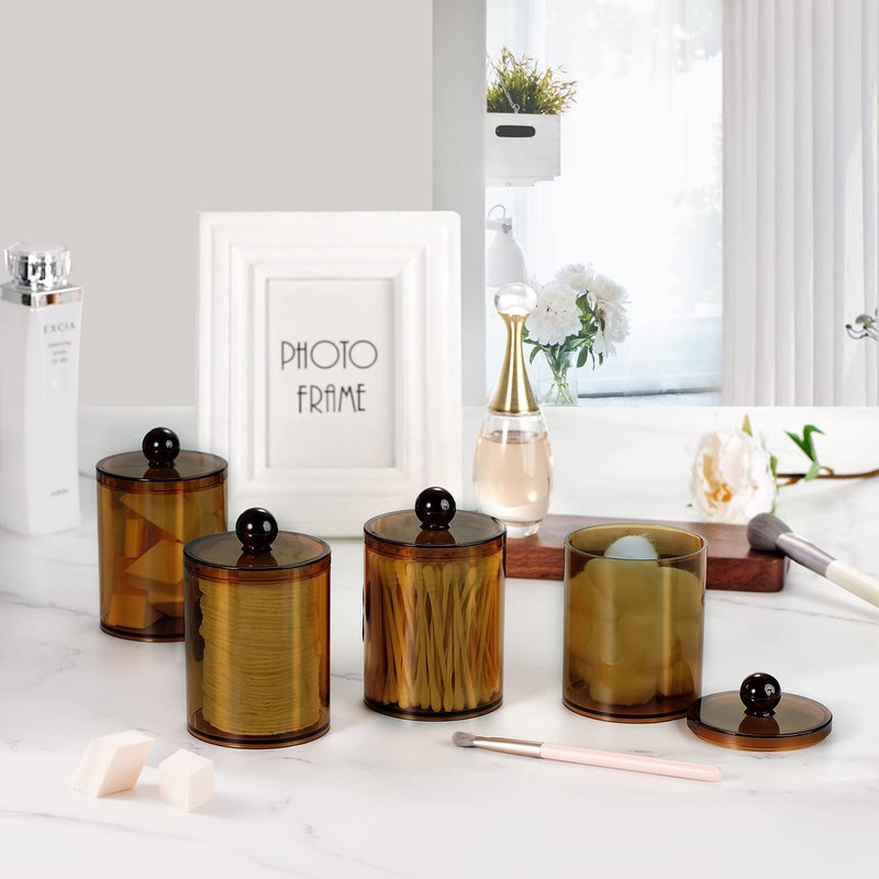 SheeChung 4 Pack Plastic Acrylic Bathroom Vanity Countertop Canister Jars with Storage Lid, Apothecary Jars Qtip Holder Makeup Organizer for Cotton Balls,Swabs,Pads,Bath Salts Amber - Image 4