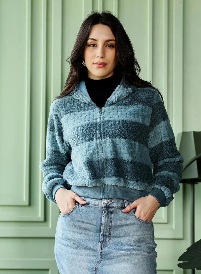 PINACOLADA Women's Fur-Panel Zip-Front Hoodie | Hooded Neck , Long Ribbed-Cuff Sleeves, Zipper Closure | Striped Fur Knitted Shirt For Casual & Daily Wear | Aegean Blue