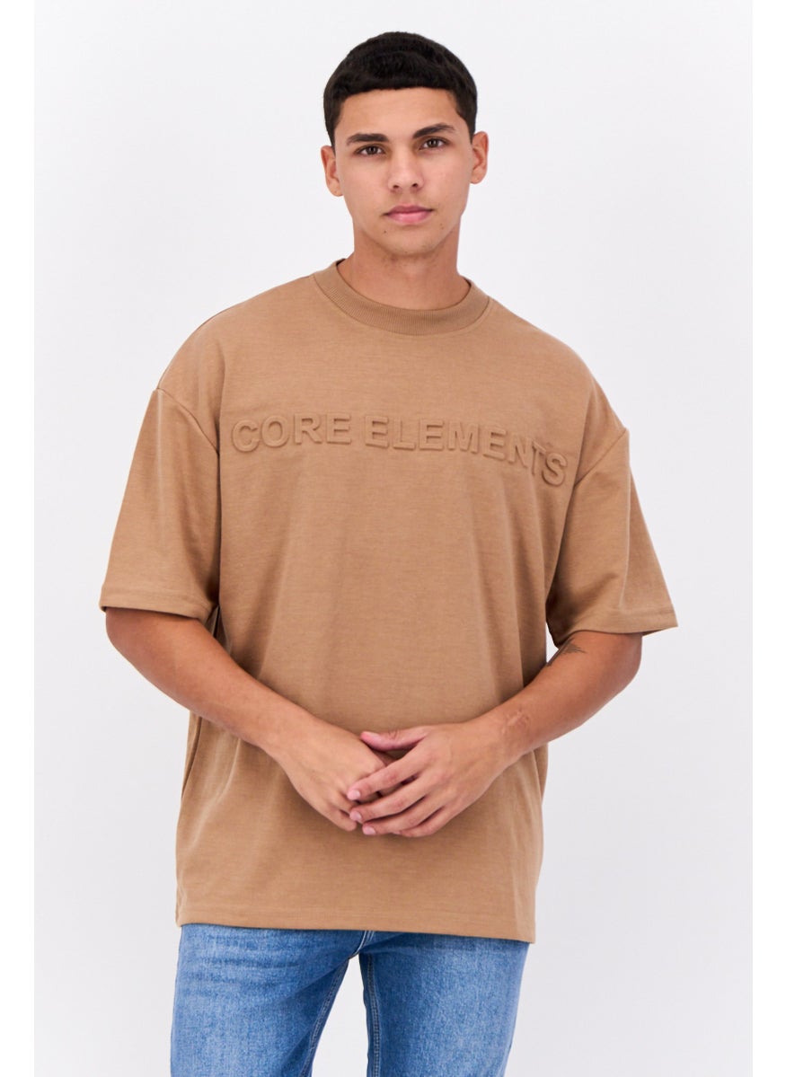 Core Elements Men Crew Neck Short Sleeves Brand Logo T-Shirt, Camel  - Image 1