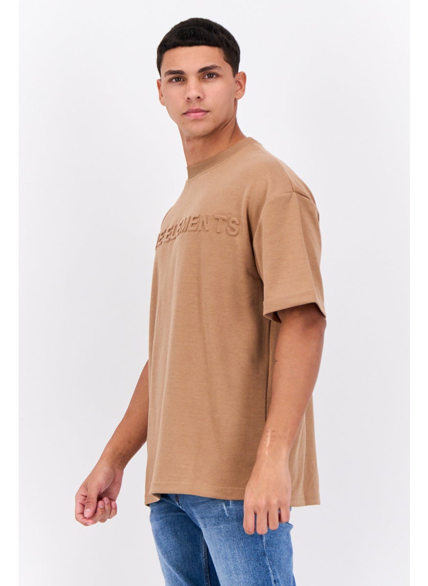 Core Elements Men Crew Neck Short Sleeves Brand Logo T-Shirt, Camel  - Image 2
