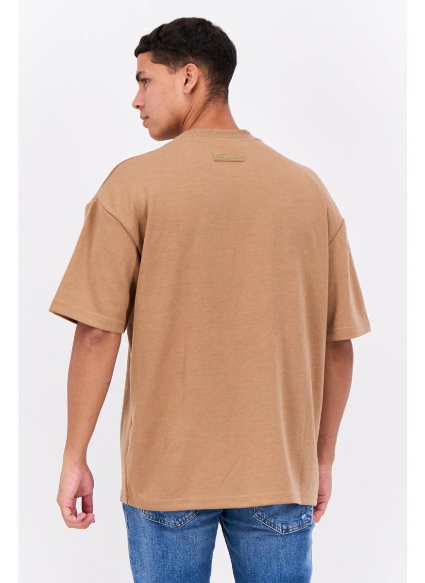Core Elements Men Crew Neck Short Sleeves Brand Logo T-Shirt, Camel  - Image 3