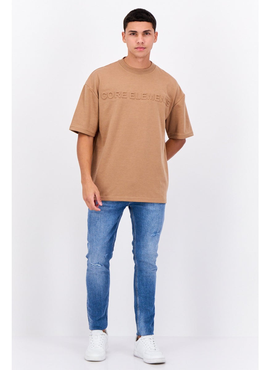Core Elements Men Crew Neck Short Sleeves Brand Logo T-Shirt, Camel  - Image 4