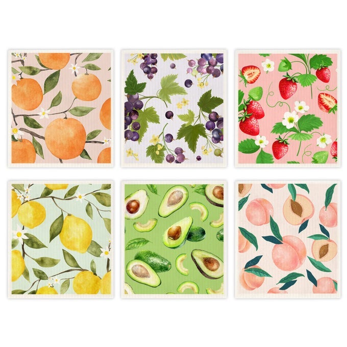 MIXED FRUIT SWEDISH KITCHEN DISHCLOTHS REUSABLE DISH TOWELS ABSORBENT AND FAST DRY CLEANING CLOTHS FOR KITCHEN CLEANING WIPES 6 PIECES