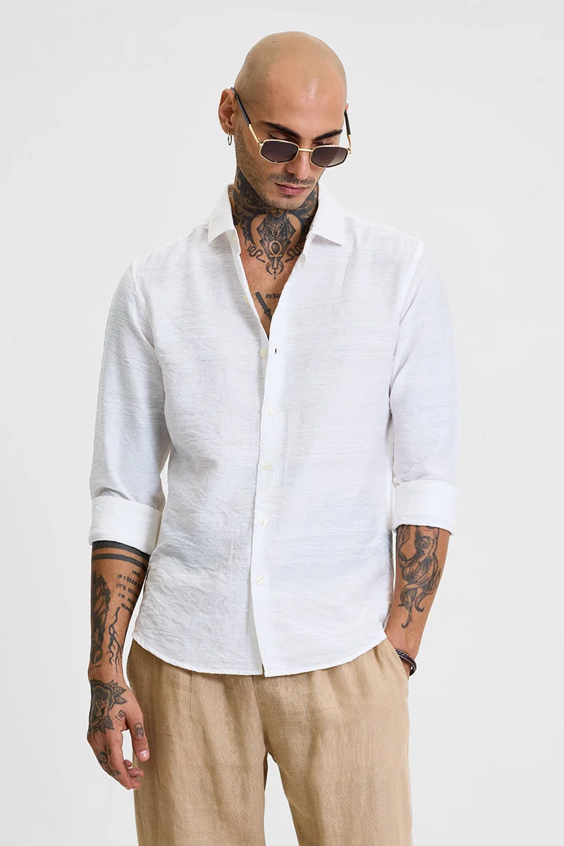 سنيتش White Textured Long Sleeve Slim Fit Casual Shirt
