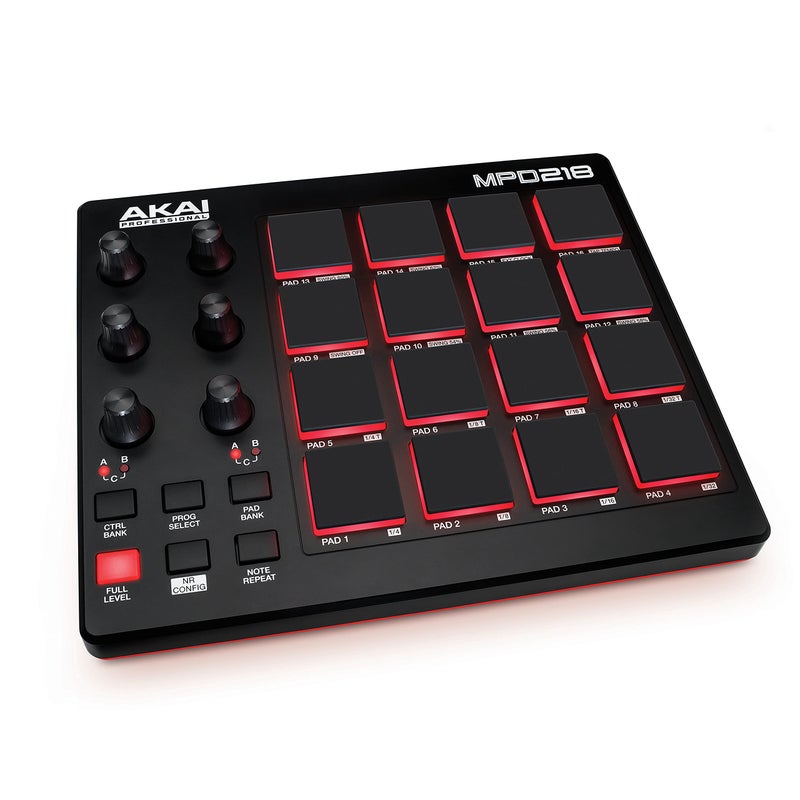 وحدة التحكم MIDI USB من AKAI Professional MPD218 مع 16 وسادة درام MPC و 6 مقبض قابل للتخصيص وأزرار تكرار النوتة والمستوى الكامل وبرامج الإنتاج