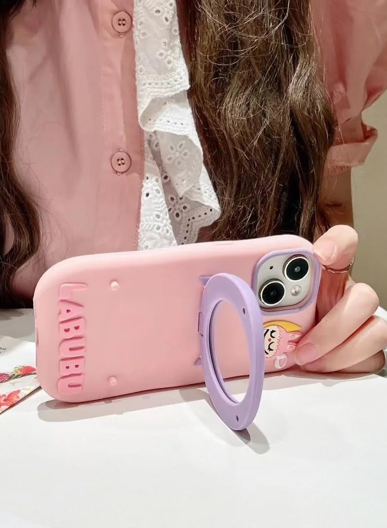 LABUBU Cute 3D Bunny Monster Cartoon Phone Case Cover, for iPhone 16 Pro Max,  Flip Mirror Stand Holder, Soft Silicone, Shock Proof, Scratch‑Resistant, Full Protection, for Gift Pink Purple  - Image 3