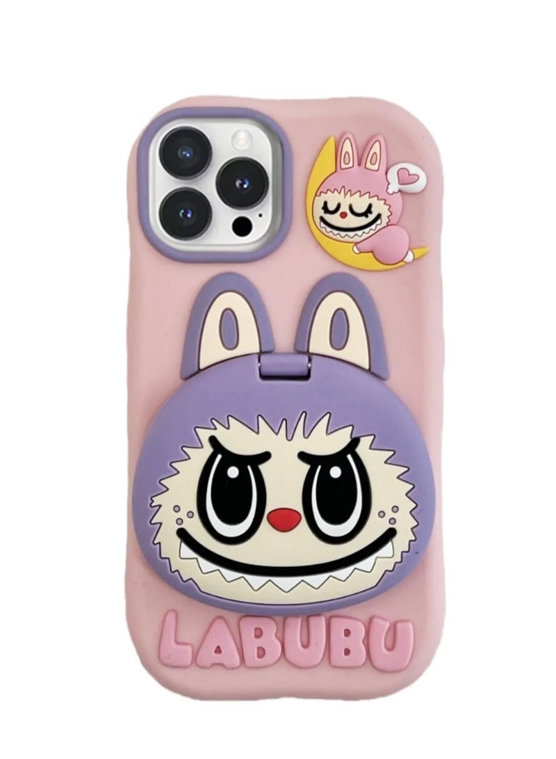 LABUBU Cute 3D Bunny Monster Cartoon Phone Case Cover, for iPhone 16 Pro Max,  Flip Mirror Stand Holder, Soft Silicone, Shock Proof, Scratch‑Resistant, Full Protection, for Gift Pink Purple  - Image 1