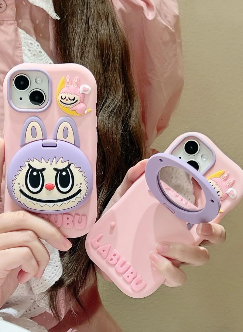 LABUBU Cute 3D Bunny Monster Cartoon Phone Case Cover, for iPhone 16 Pro Max,  Flip Mirror Stand Holder, Soft Silicone, Shock Proof, Scratch‑Resistant, Full Protection, for Gift Pink Purple  - Image 2