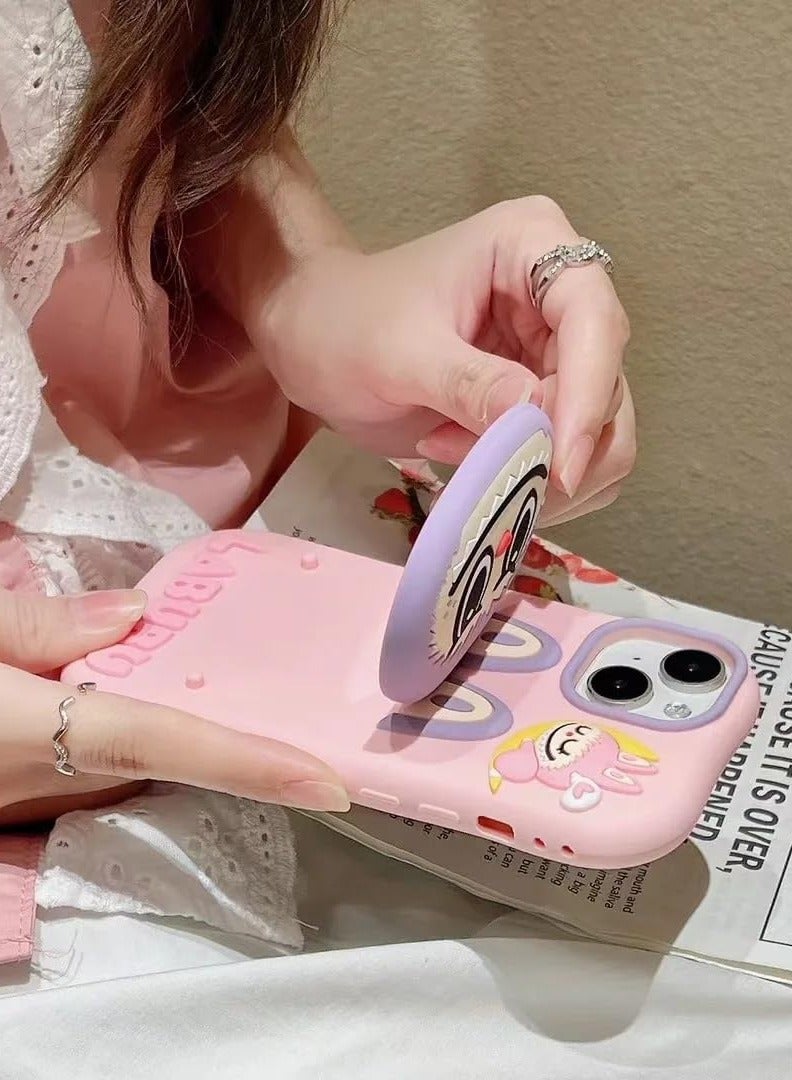 LABUBU Cute 3D Bunny Monster Cartoon Phone Case Cover, for iPhone 16 Pro Max,  Flip Mirror Stand Holder, Soft Silicone, Shock Proof, Scratch‑Resistant, Full Protection, for Gift Pink Purple  - Image 4