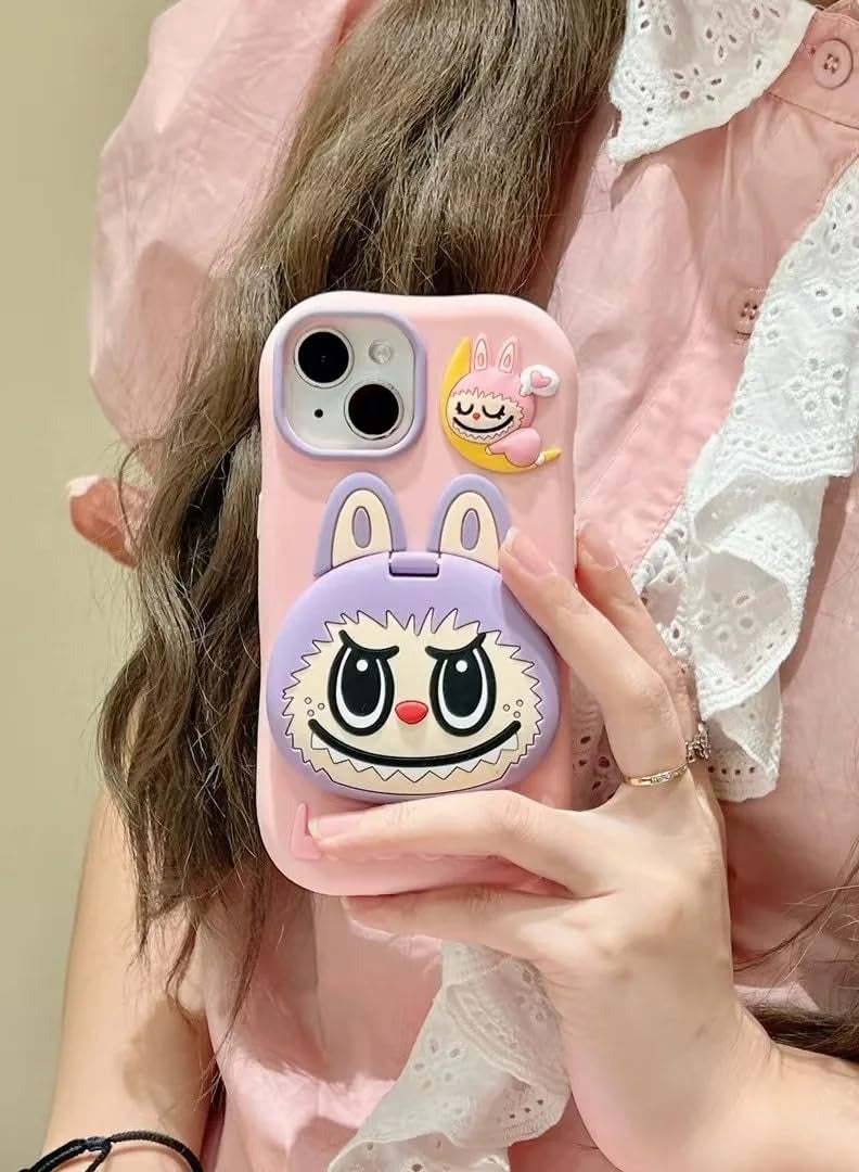 LABUBU Cute 3D Bunny Monster Cartoon Phone Case Cover, for iPhone 16 Pro Max,  Flip Mirror Stand Holder, Soft Silicone, Shock Proof, Scratch‑Resistant, Full Protection, for Gift Pink Purple  - Image 5