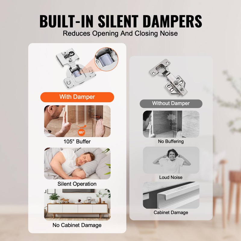 VEVOR Cabinet Hinges, 40 Packs Partial Overlay Kitchen Cabinet Door Hinges, 105 Degree Opening Angel Soft Close Concealed Cupboard Hinges for Framed Cabinet Type, with Mounting Screws - Image 3