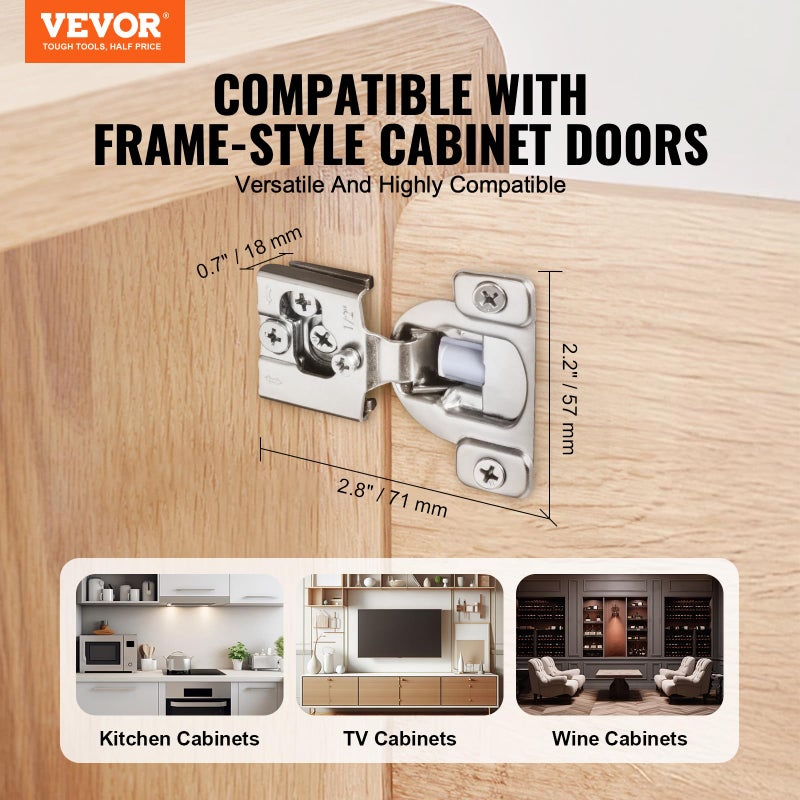 VEVOR Cabinet Hinges, 40 Packs Partial Overlay Kitchen Cabinet Door Hinges, 105 Degree Opening Angel Soft Close Concealed Cupboard Hinges for Framed Cabinet Type, with Mounting Screws - Image 2