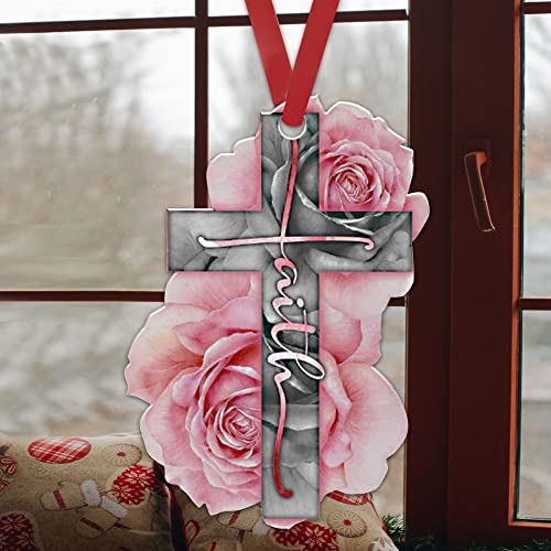 Talataca Pink Cross Rose Rosy God Faith Christian Jesus 2D Flat Car Rear View Mirror Accessories Christmas Tree Ornament Decoration Hanging Charm Interior Rearview Pendant Decor Gift - Image 4