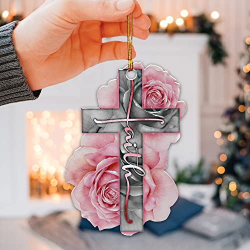 Talataca Pink Cross Rose Rosy God Faith Christian Jesus 2D Flat Car Rear View Mirror Accessories Christmas Tree Ornament Decoration Hanging Charm Interior Rearview Pendant Decor Gift - Image 5