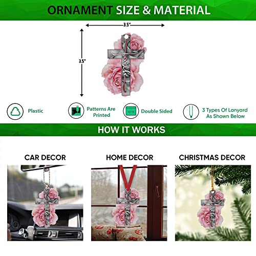 Talataca Pink Cross Rose Rosy God Faith Christian Jesus 2D Flat Car Rear View Mirror Accessories Christmas Tree Ornament Decoration Hanging Charm Interior Rearview Pendant Decor Gift - Image 2