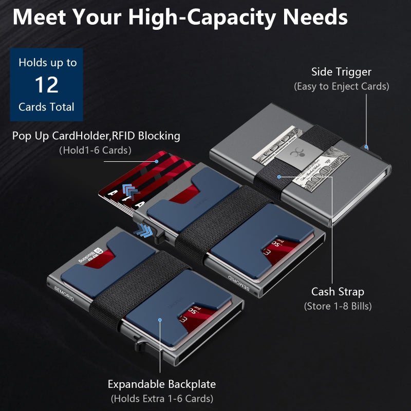 SEMORID Slim Aluminum Card Holder Wallet for Men, Durable Expandable Backplate, RFID Blocking Minimalist Metal Pop Up Wallet, Holds 12+ Cards Plus Cash - Image 5