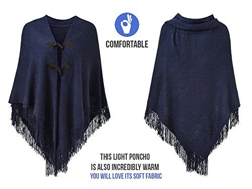 Ferand Shawl Wraps for Women – Toggle Closure, Elegant Fringe Shawl for Travel, Work, or Casual Outfits, Perfect for Fall Layering, Navy blue - Image 3