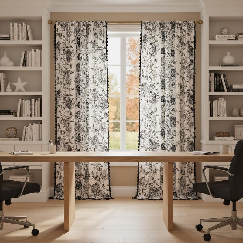 F-CHU Boho Curtains for Living Room 96 Inch Length French Country Floral Drapes Farmhouse Rustic Vintage Window Curtain Panels for Bedroom Chic Cotton Linen Closet Curtainsï¼Œ2 Panel - Image 2