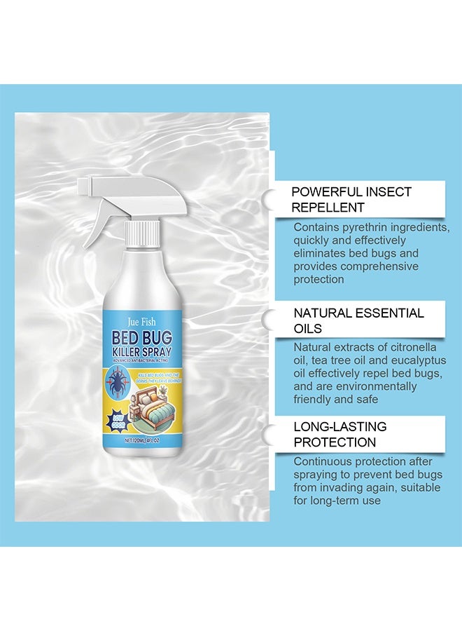 JUE-FISH Bed Bugs Killer Spray, Low Odor Roach & Fly Killer Spray, Plant-Based Actives Kill Insects & Bugs on Contact, Non-Greasy, Repellent Indoor flea moth bugs bed bugs, No Stains, Fresh Scent 120ml - Image 2