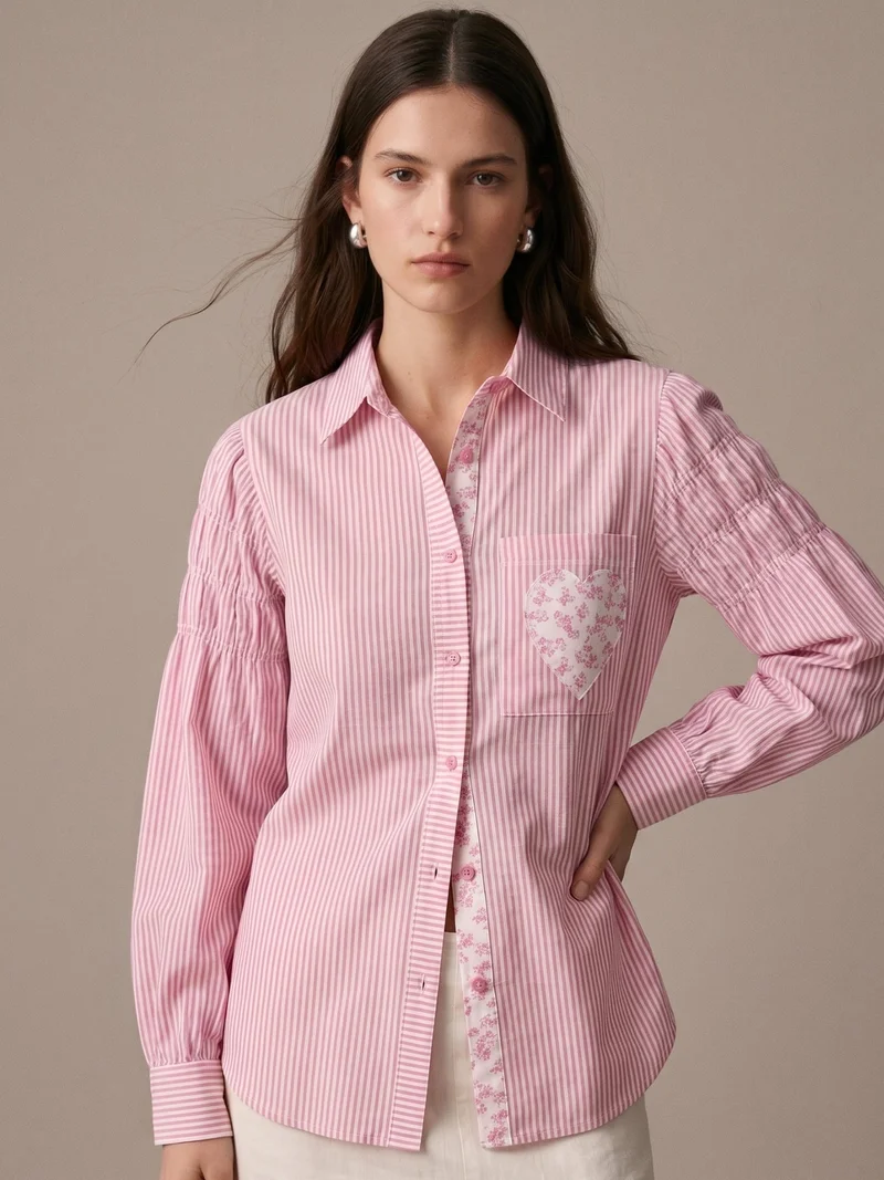 Outzidr  Pink Stripe Heart Appliqued Causal Shirt for Women | Best Price UAE