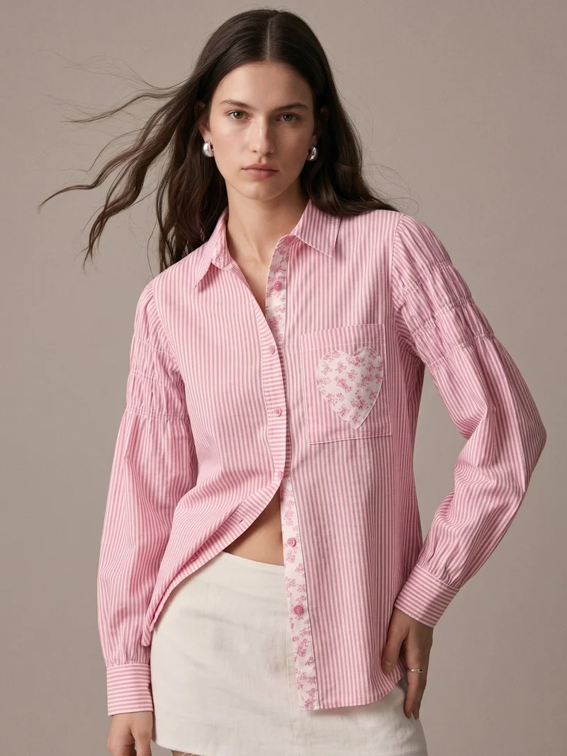 Pink Stripe Heart Appliqued Causal Shirt