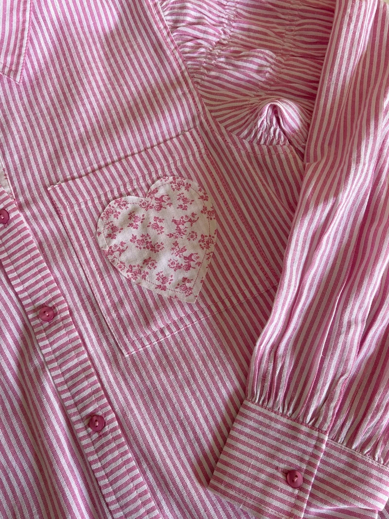 Outzidr  Pink Stripe Heart Appliqued Causal Shirt for Women | Best Price UAE