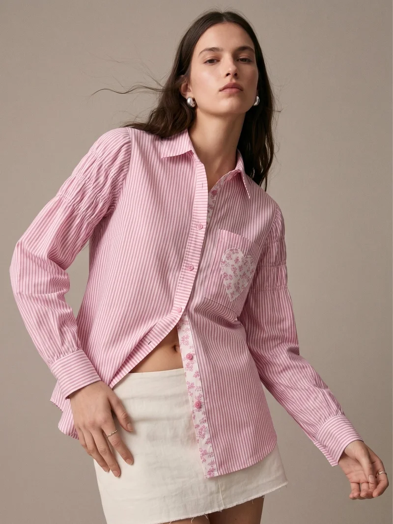 Outzidr  Pink Stripe Heart Appliqued Causal Shirt for Women | Best Price UAE