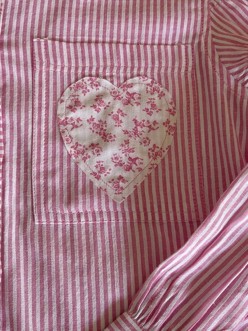 Outzidr  Pink Stripe Heart Appliqued Causal Shirt for Women | Best Price UAE
