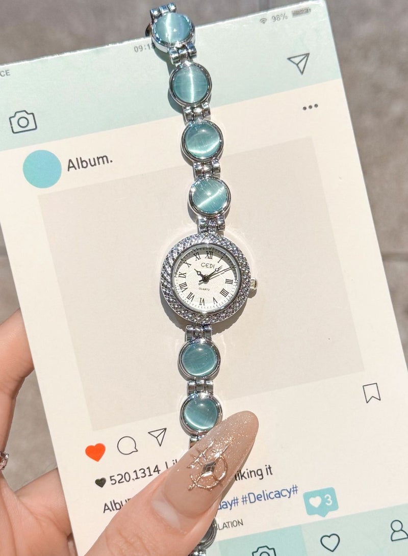 GEDI Women's Blue Cat-Eye Bracelet Watch Shiny Crystal Bezel Roman Dial Ladies Fashion Wristwatch