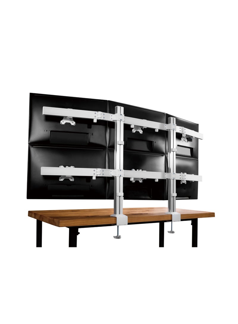 Skill Tech Skilltech SH38 C06 Six-Screen Heavy-Duty Aluminium Monitor Arm for 17–32", 8kg Per Screen, Full Motion Tilt/Swivel/Rotation, VESA 100×100, Clamp & Grommet Install, Cable Management – Fine Texture Grey - Image 3