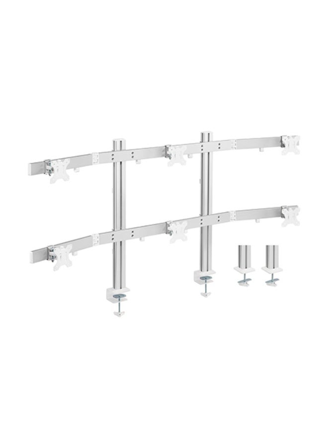 Skill Tech Skilltech SH38 C06 Six-Screen Heavy-Duty Aluminium Monitor Arm for 17–32", 8kg Per Screen, Full Motion Tilt/Swivel/Rotation, VESA 100×100, Clamp & Grommet Install, Cable Management – Fine Texture Grey - Image 1