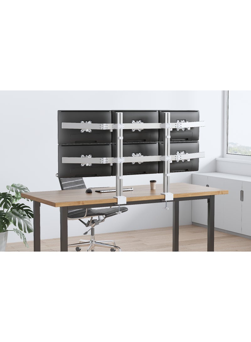 Skill Tech Skilltech SH38 C06 Six-Screen Heavy-Duty Aluminium Monitor Arm for 17–32", 8kg Per Screen, Full Motion Tilt/Swivel/Rotation, VESA 100×100, Clamp & Grommet Install, Cable Management – Fine Texture Grey - Image 2