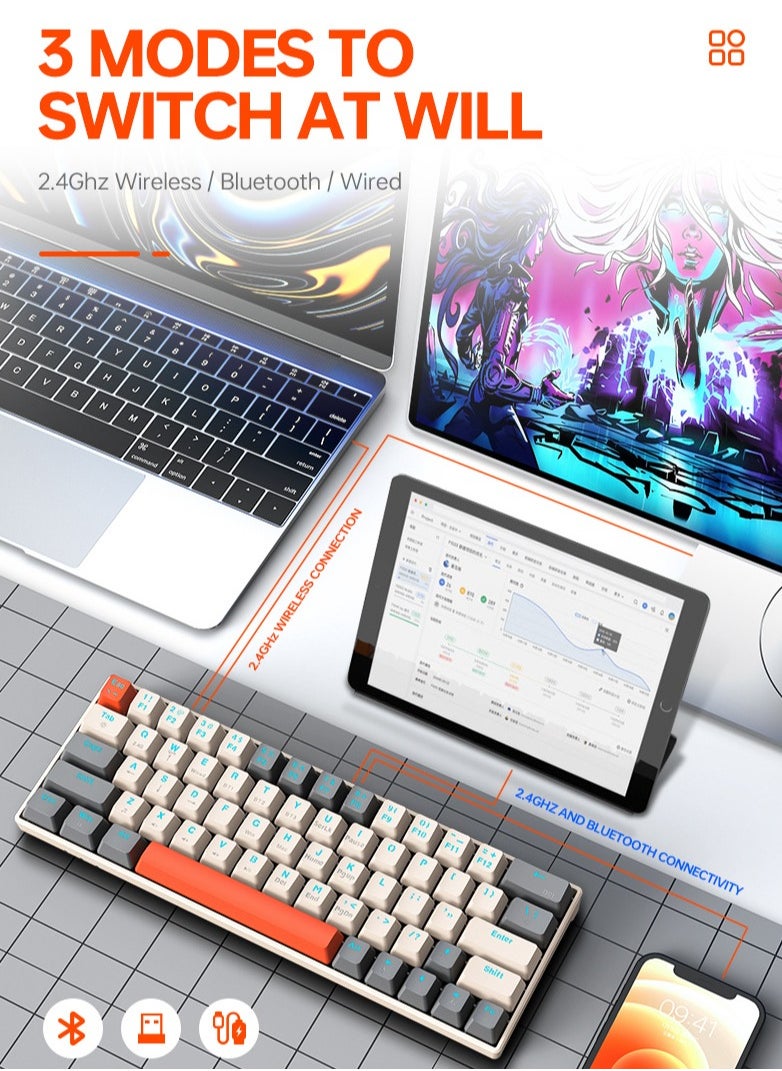 T-WOLF - 2.4G Wireless Wired Gasket Gaming Keyboard,64 Keys Blue Switch Mechanical Keyboard,Hot Swappable Gasket Mount with RGB Backlit - Image 1