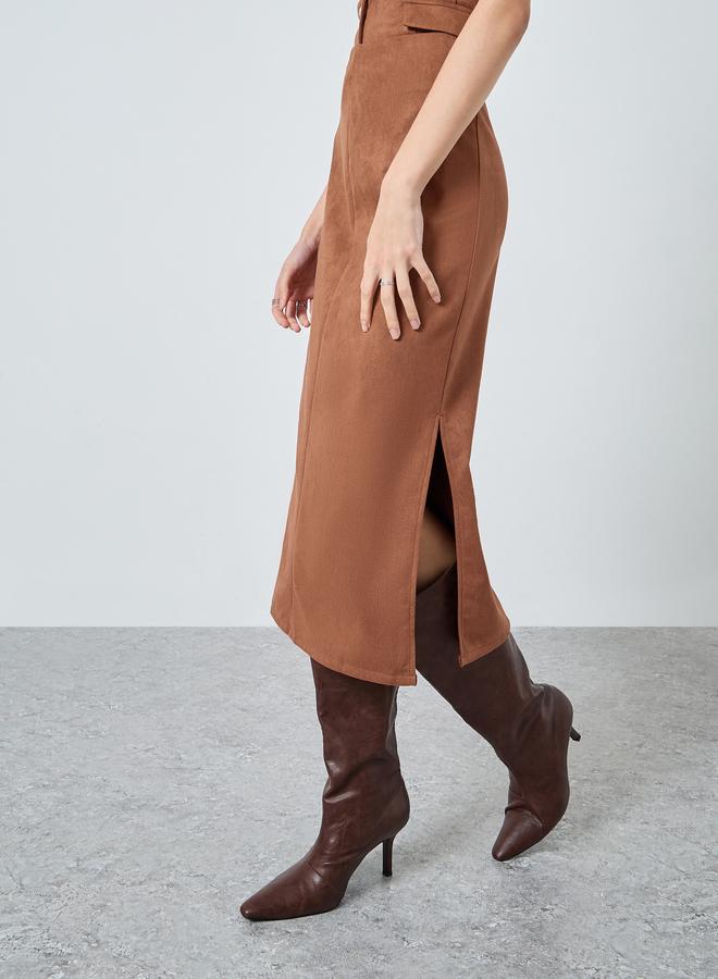 Styli Brown Suede A-Line Midi Skirt - Image 2