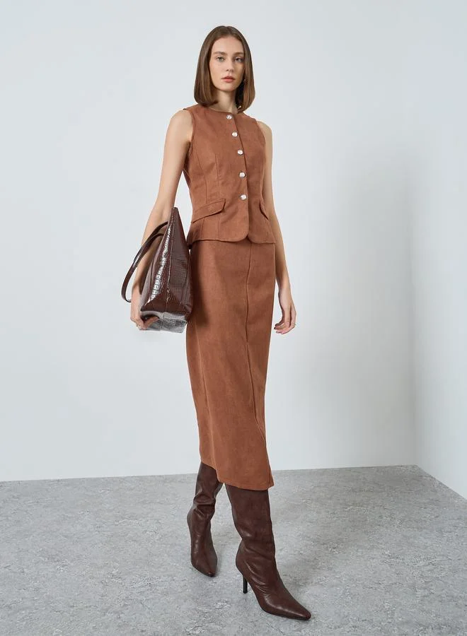 Styli Brown Suede A-Line Midi Skirt