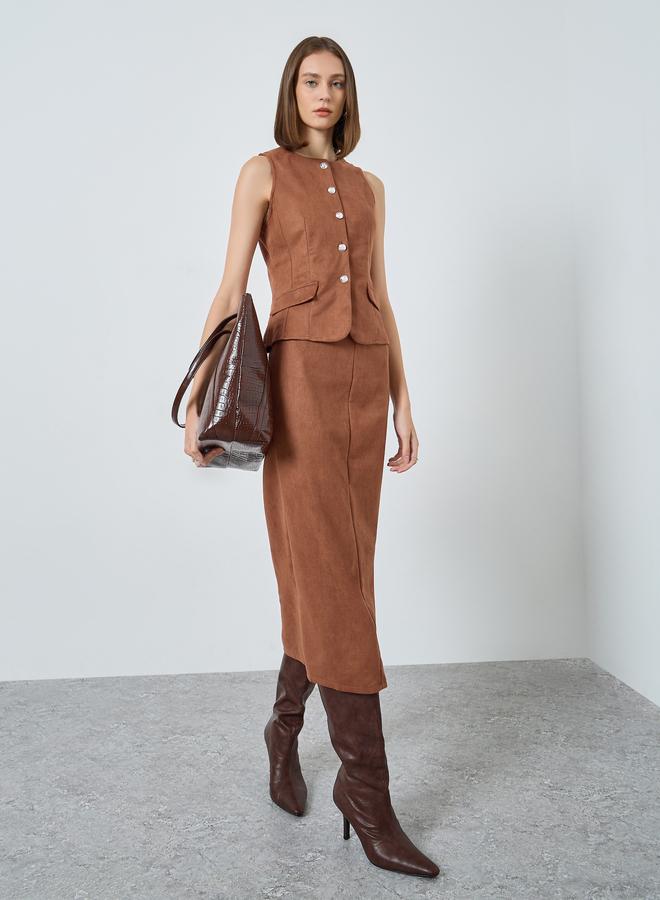 Styli Brown Suede A-Line Midi Skirt - Image 1