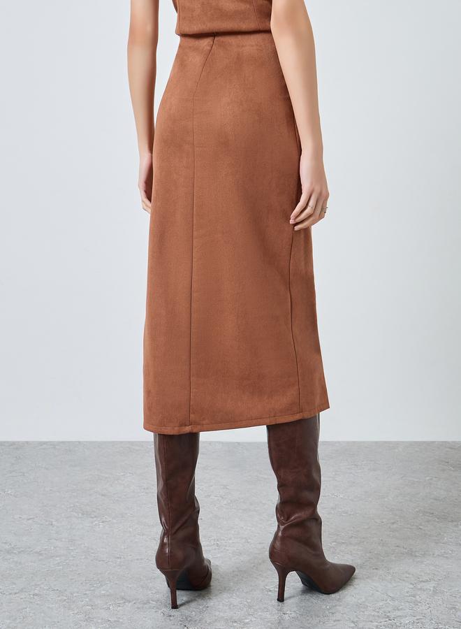 Styli Brown Suede A-Line Midi Skirt - Image 4