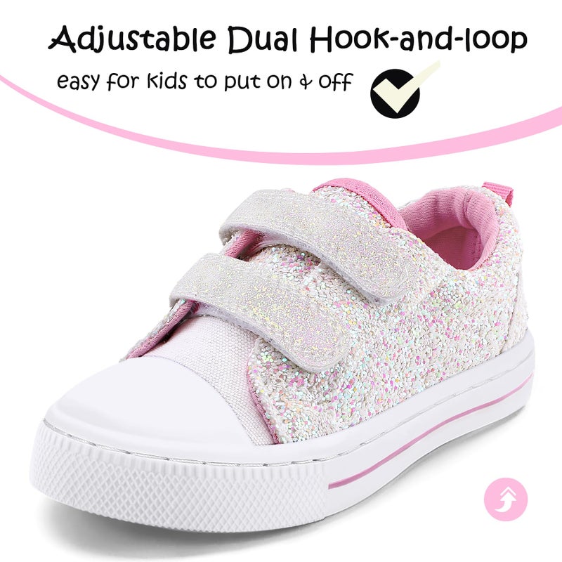 K KomForme Toddler Sneakers for Boys and Girls Dual Hook and Loops Sneakers Baby Canvas Shoes White Glitter - Image 3