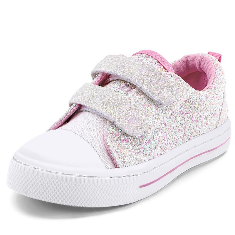 K KomForme Toddler Sneakers for Boys and Girls Dual Hook and Loops Sneakers Baby Canvas Shoes White Glitter - Image 1