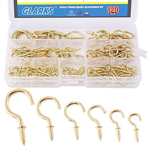 Glarks 120Pieces 6 Size Brass Plated Screwin Cup Hooks Lag Thread Handy Hanging Hooks Assortment Set - Image 1