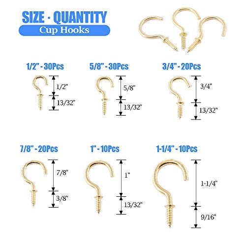 Glarks 120Pieces 6 Size Brass Plated Screwin Cup Hooks Lag Thread Handy Hanging Hooks Assortment Set - Image 3