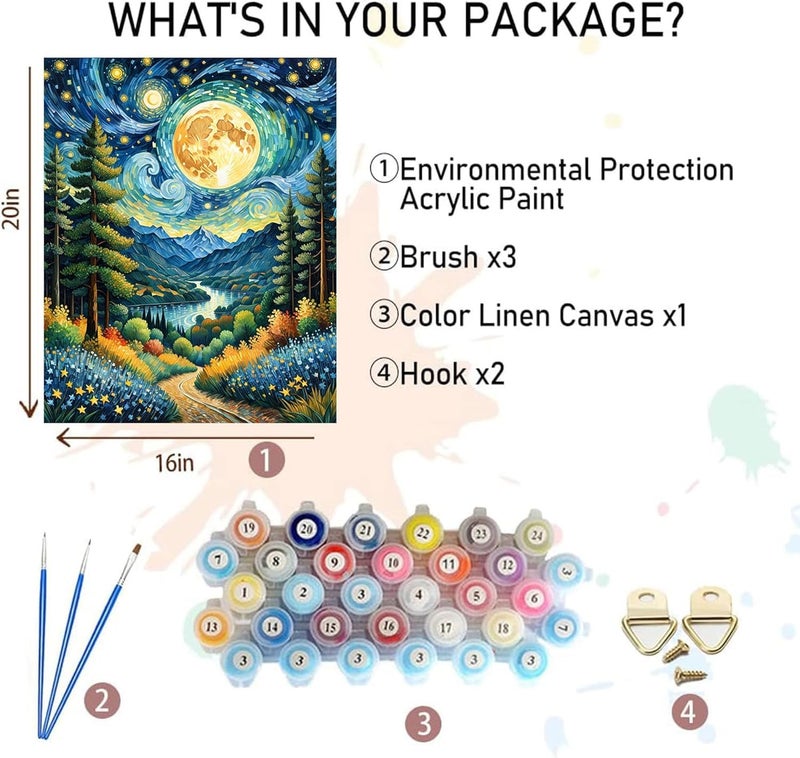 TREXEE Starry Sky Paint by Numbers Adult Kit-Adult Paint by Numbers Moon Night,Abstract Landscape Paint by Number Perfect for Home Wall Decor (16x20 Inch) Unframed - Image 2