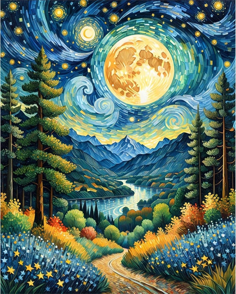 TREXEE Starry Sky Paint by Numbers Adult Kit-Adult Paint by Numbers Moon Night,Abstract Landscape Paint by Number Perfect for Home Wall Decor (16x20 Inch) Unframed - Image 1