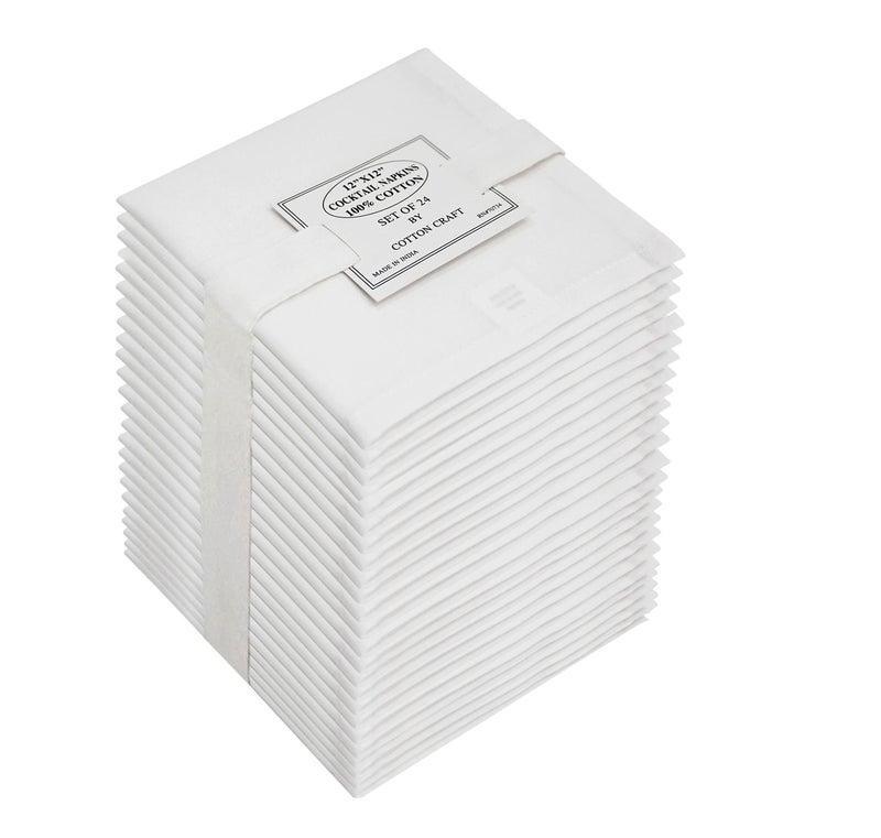COTTON CRAFT Cocktail Napkins 24 Pack Happy Hour Drink Beverage Bar Party Holiday Dessert Celebration Event Gift Luncheon Brunch Dinner Premium Cotton Cloth Reusable Washable 12x12 White