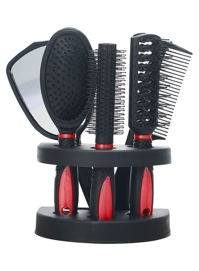 Generic Set of 5 Hair Combs Professional Portable Multifunctional Salon Cutting Brushes Sets Hairdressing Tool Mirror and Holder Stand Dressing Comb Kits for Women and Men Wet Dry Curly Styling Red/Black  - Image 1