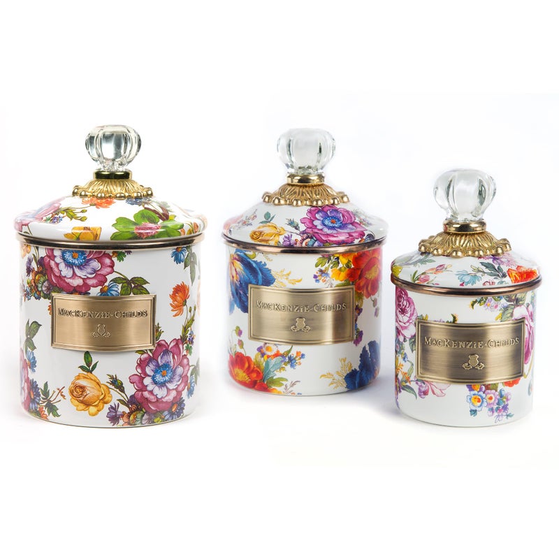 mackenzie childs MACKENZIECHILDS Enamel Canister Set Mini 14 oz Demi 24 oz and Small 38 oz Kitchen Containers White Flower Market - Image 2